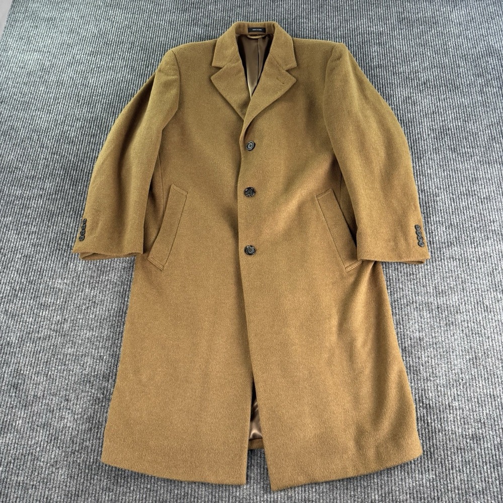 Stafford Top Coat Mens 40R Camel Brown Wool Blend Long Overcoat Classic 3 Btn